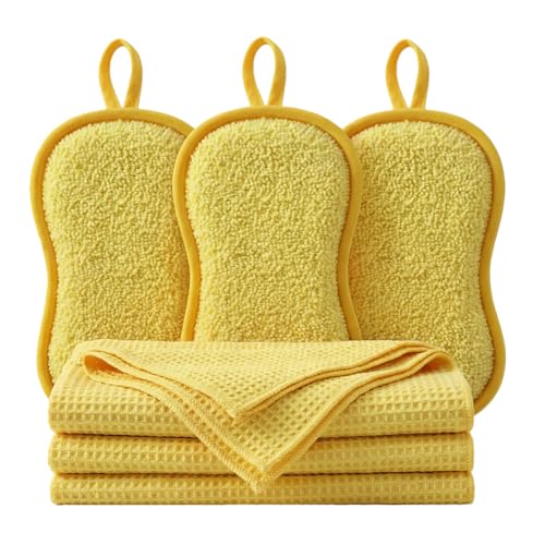 6Pcs Microfiber Cleaning Cloths & Sponges Set - 3Pcs Absorbent Towels + 3Pcs Dual-Sided Scrub Sponges - for Kitchen, Car, Bathroom, Dishes and Hard Surfaces(Yellow) - color: Yellow