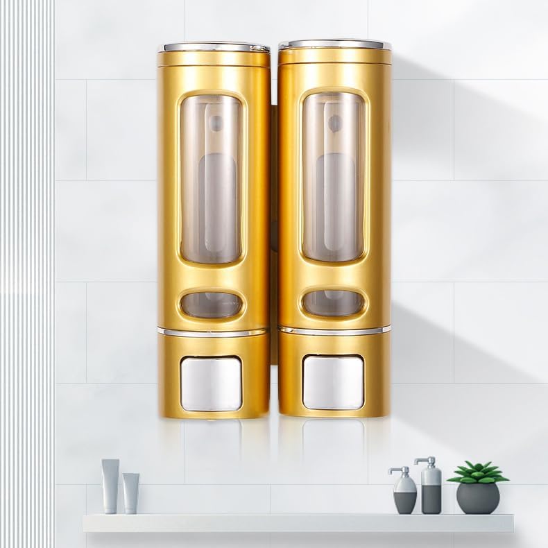 Liquid Soap Dispenser Wall Mount, 2 Chamber Bathroom Shower Pump Dispenser,Press Manually Lotion Soap Dispenser Use for Shampoo, Soap, Conditioner, Shower Gel, for Bathroom Kitchen Hotel (Gold) - size: 2 Chamber