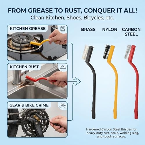 3 Pcs Wire Brush Scraper Multi-Kitchen Cleaning Scrub Brushes Small Stainless Steel Brass Grill Nylon Bristle Deburring Metal Heavy Duty Cleaning Rust Removal for Ovens Stoves Induction Hob