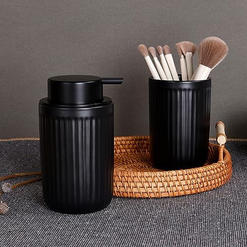 BosilunLife Dish Hand Soap Dispenser - Black Liquid Pump Soap Dispenser for Bathroom Decro 12oz Ceramic Kitchen Dish Dispenser with Rust-Proof Liquid Pump Modern Refillable Lotion Bottles - color: Black Lotion Pump