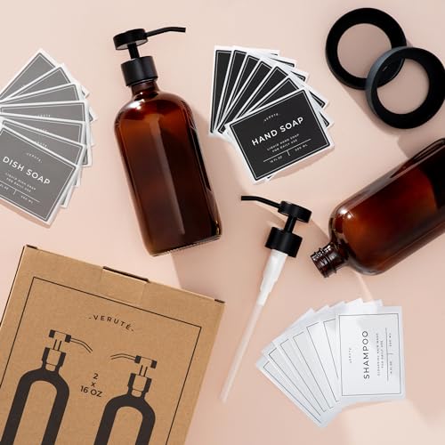Hand and Dish Soap Dispenser for Kitchen and Bathroom, Set of 2 16 Oz Glass Bottles, Stainless Steel Pumps, Non-Slip Silicone Base, 27 Waterproof Labels (Amber Bottle/Black Pump) - color: Amber Bottle / Black Pump