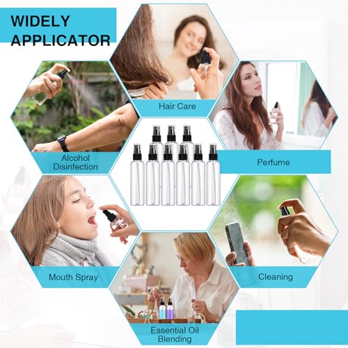 Kigley 100 Pcs Small Spray Bottle Bulk 4 oz Plastic Empty Mist Spray Bottles for Essential Oils Fine Mist Sprayer Reusable Refillable Portable Travel Containers for Perfume Cleaning Samples(Clear) - color: Clear