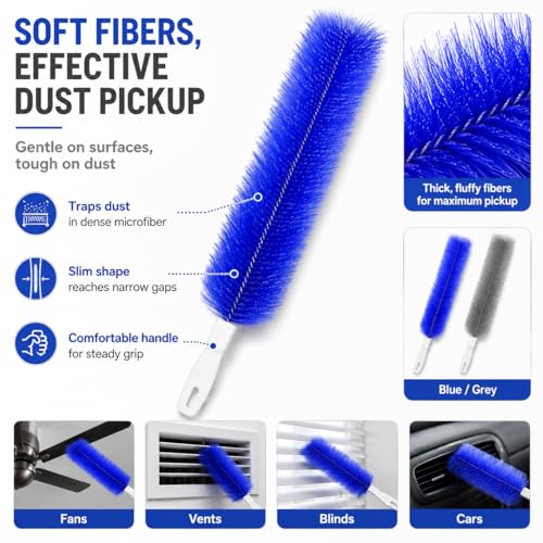 Fan Cleaning Brush, Bendable Microfiber Duster, Ultimate Dust Cleaning Brush, Reusable Microfiber Head for Air Conditioning Shutters, Ceiling Fan Blades, Air Vents, Curtains, Cars (2Pcs Blue) - color: 2pcs Blue