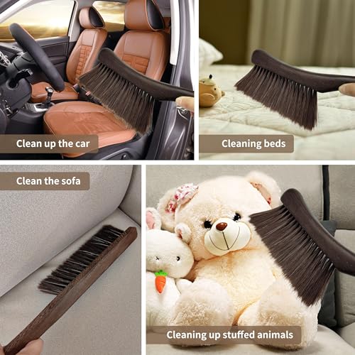Hand Broom Brush, Wooden Handle Soft Bristle Cleaning Dust Brush,Bench Brushes with Bristlesfor Furniture, Bed, Car, Bench, Crevice Cleans, Sofa, Fireplace, Clothes(Curved Handle) - color: 1 Curved Handle Brown