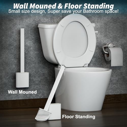 Silicone Toilet Brushes & Holders – Pack of 2 Long Non-Slip Handle, Flexible Bristles for Easy Cleaning – Modern Drip-Free Base, Durable White Bathroom Toilet Brush Set with Holder
