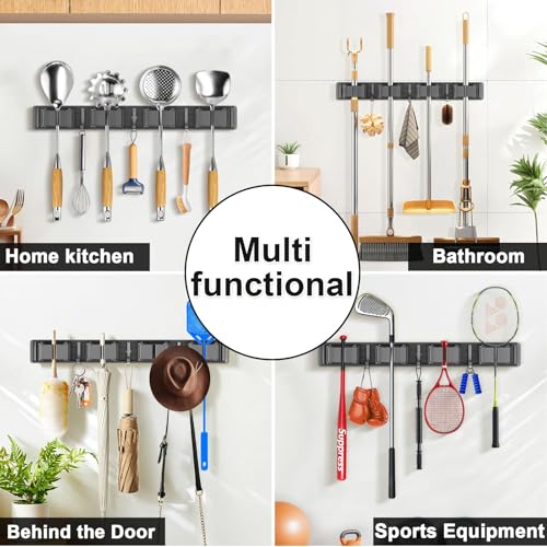 YIZE By YIZHE 15.7 Inch Adhesive Wall Mounted Mop and Broom Holder, 3 Clips & 4 Hooks, Space Aluminum Heavy Duty Garage Organizer for Long Handle Tools, Stick Vacuum, Shovel, Squeegee