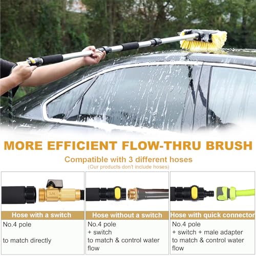 70" RV Wash Brush with Long Handle and 12" Soft Bristle Brush Head, Water Flow-Thru Truck Washing Brush with Hose Attachment for Cleaning Car, SUV, Boat, Camper, House Siding and Solar Panels - color: Yellow, size: 70"