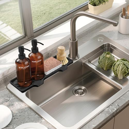 Kitchen Soap Dispenser Set - Dish Soap Dispenser for Kitchen with Self Drain Tray, 17oz Glass Bottle, Stainless Steel Pump, Sponge, and Dish Brush- Amber - color: Amber Bottle + Black Pump