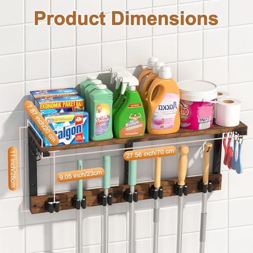 Housolution Broom Holder Wall Mount with Cleaning Supplies Organizer, 100 LBS High Load-Bearing Laundry Room Storage Shelves, Multifunctional Mop Hanger Rack with 7 Grippers & 8 Hooks - size: 7 Grippers with 1 Tier Shelf