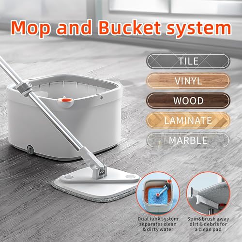 Spin Mop and Bucket Set with Self Separation System 360° Spinning Self-Wringing, Square Clean Mop and Bucket with Wringer-with Replaceable Mop (Light Grey Mop and Bucket Set 6pads)