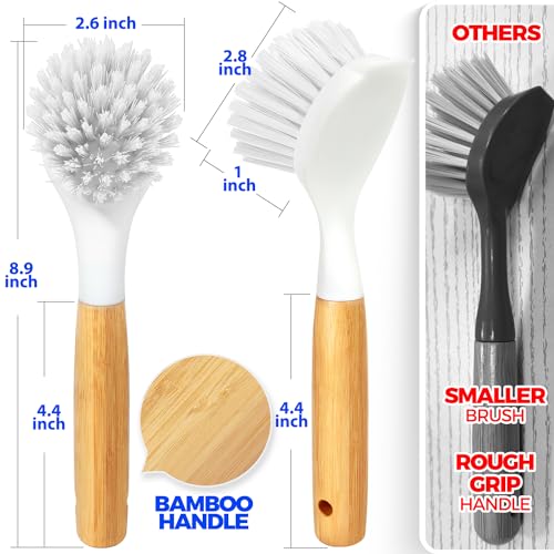 Holikme 3 Pack Dish Brush Set with Bamboo Handle, Kitchen Cleaner for Cleaning Pasta Plate, Salad Bowl, Scrubber with Soft Bristles, White - color: White
