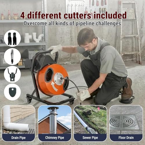 50FT x 1/2 Inch Drain Cleaner Machine, Electric Drain Auger on 4 Wheels for 1"-4" Pipes, Enclosed Metal Drum with 4 Cutters & Pneumatic Foot Switch, Sewer Snake Auger - style: 50FT x 1/2inch