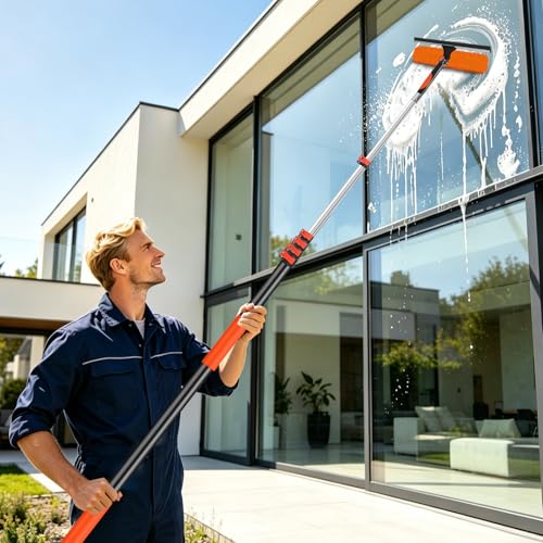 30FT Telescoping Window Squeegee Kit | 2-in-1 Professional Window Washer & Microfiber Scrubber with Extension Pole | High Reach Cleaning Tool for Outdoor, Indoor Windows & Glass - size: 24FT