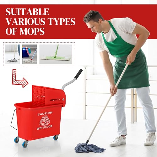 21 Quart Mop Bucket with Wringer on Wheels, Dual Water Cleaning Bucket with Separate Dirty and Clean Water, Rolling Commercial Floor Cleaning System (Red) - color: Red