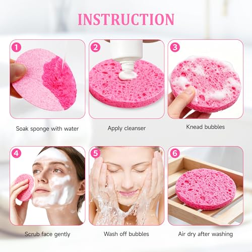 3.15in Large Compressed Facial Sponges 60 Pcs, 100% Natural Cellulose Face Sponges for Cleansing, Gentle Exfoliating, Makeup & Mask Removal, Spa Skincare, Travel Essentials for Women (Pink, Reusable) - color: Pink
