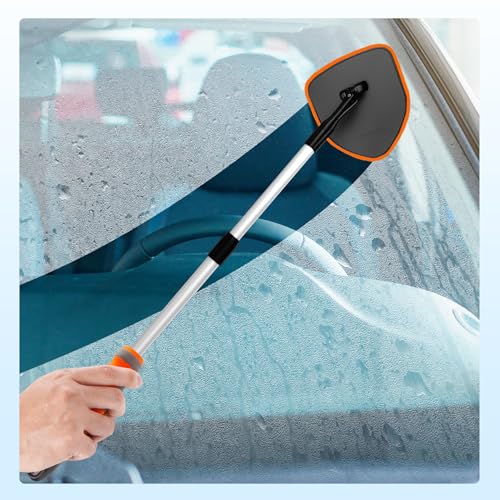 XINDELL Windshield Cleaner Tool, Car Window Cleaning Kit with 4 Reusable Microfiber Pads, Extendable Handle & 360° Rotating Head, Safety Hammer, Streak-Free Auto Glass Wiper for Car Truck SUV RV - color: Orange