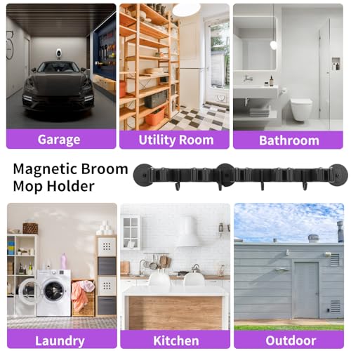 Magnetic Broom Holder Wall Mount - Heavy Duty Non-Slip Mop Hanger with 4 Hooks And 5 Rack, No Drill Tool Organizer for Refrigerator,Garage,Laundry Room (Black, 5Racks 4Hooks)