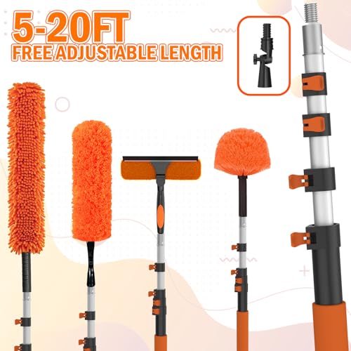 LAANPOLE 26FT High Reach Duster Cleaning Kit with Extension Pole, High Ceiling Fan Cleaner Duster Tool for Fan Blades, Window Washing Kit with Microfiber Feather Duster & Window Squeegee - size: 20FT
