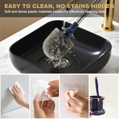 Toilet Bowl Brush and Holder 2 Pack Long Handled Toilet Brush Set for Bathroom with Gap Cleaning Brush and Clip deep Cleaning Wall-Mounted Household 3-in-1 Cleaning Brush Set (Blue)