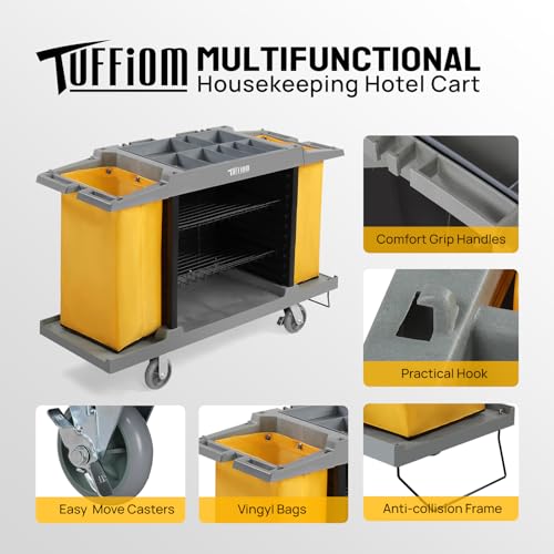TUFFIOM Industrial Multifunctional Locking Hotel Cart,Commercial Traditional Cleaning Janitorial Room Service Housekeeping Cart, 51" H x 59" W x 20" D,Grey