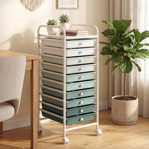 COSTWAY 10-Drawer Rolling Storage Cart, Utility Mobile Trolley with Removable Drawers & Universal Casters & 2 Brakes (Green Gradient,13"L x 15"W x 34"H (10 Drawer)) - color: Green Gradient, size: 13"L x 15"W x 34"H (10 Drawer)