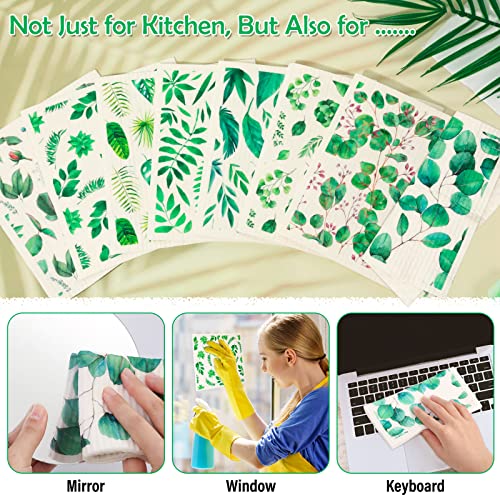 Lucomb 8 Pack Swedish Dish Cloths Washable, Reusable Cleaning Kitchen Paper Towel Sponge Dishcloths, Fast Drying Absorbent Hand Wipes Odorless Tea Towel for Kitchen Home Bar (Plants) - color: Green Plants