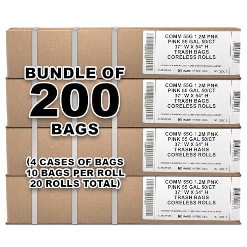 Ultrasac Heavy Duty 55 Gallon Pink Trash Bags - (Value 200 Pack) - 1.5 MIL equivalent Industrial Strength Plastic 37" x 54" for 50-55 Gal Cans -Fits Toter, Rubbermaid Brute, Carlislie Bronco etc. - color: Pink, style: 50-55 Gal, 1.5 Mil Equiv, 200 Count