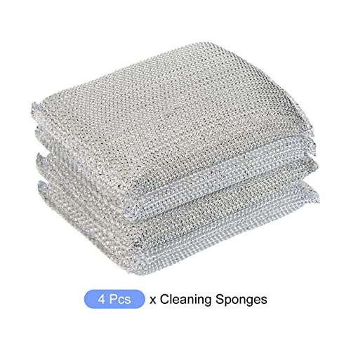 METALLIXITY Non Scratch Scrub Sponge(11 x 8.5 Cm/4.3" x 3.3") 4pcs, Dish Sponge Scouring Pads Kitchen Cleaning Sponge - for Cleaning Pots, Pans, Dish, Silver Tone