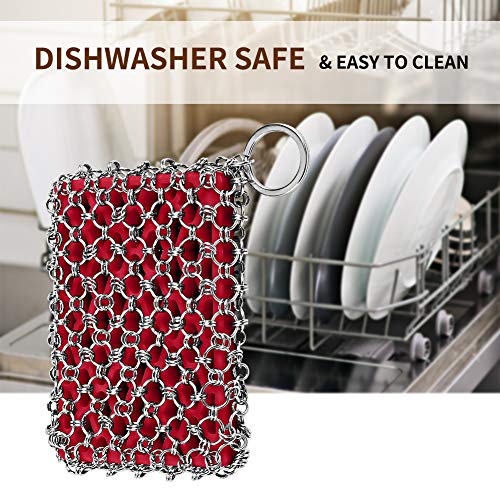 Herda 316L Cast Iron Scrubber Cleaner, Large Cast Iron Chain Mail Scrubber - Chainmail Scrubber Sponge - Metal Skillet Scrubbing, Wok, Dutch Oven Cleaning Kit - color: Red