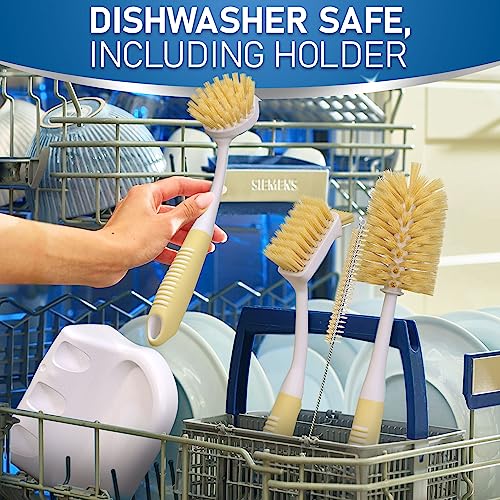 Dish Brush Set of 5 with Holder - Kitchen Scrub Brushes with Non-Slip Long Handle for Cleaning, Scrubber, Dishwashing, Dishes, Bottles, Straws, Cups, Pots & Sink, Baige - color: Baige, Set of 5 With Holder