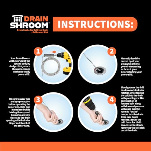 DrainShroom Drain Snake Auger, 36 Inch, Power Drill Attachment, Hair Clog Remover for Bathroom Sink and Bathtub, Stainless Steel, Matte Black
