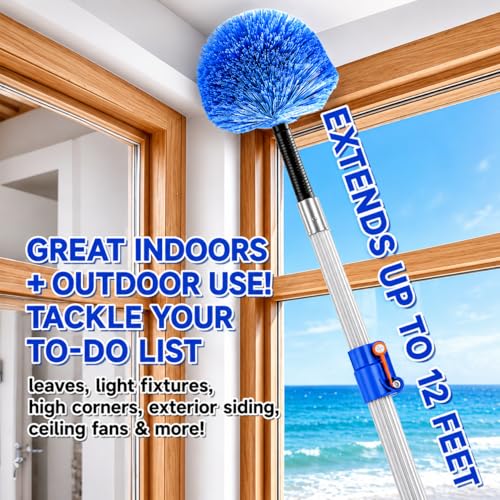 4-12ft Telescoping Durable Duster with Extension Pole – Lightweight Aluminum Cobweb Duster Kit – Extendable to 20ft Reach for Cleaning High Ceilings and Spider Webs