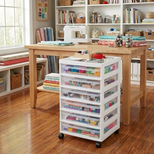 novelinks Rolling Storage Cart, 6-Tier, for 12" x 12" Paper & Scrapbook Supplies—White, 6 Clear Cases & Built-in Handles, Holds Yarn, Vinyl, Stationery, Art, Craft, and Office Tools