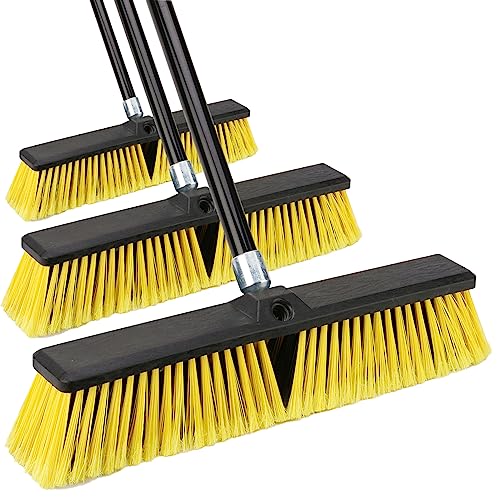 18 Inches Push Broom Outdoor- Heavy Duty Broom with 63" Long Handle for Deck Driveway Garage Yard Patio Concrete Floor Cleaning - color: Yellow 18 Inches Heavy Duty 3 Pack