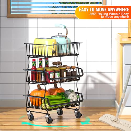 Gsiekare 3-Tier Rolling Pantry Organizer and Storage Cart with Wheels – Stackable Wire Snack Cart for Kitchen, Pantry Shelves and Storage Rack for Fruit, Vegetables, Onion, Potato (1 Pack) - size: 3 layer baskets (1 Pack)