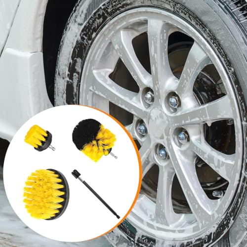 4PCS/Set Car Drill Brush Attachment Set, Vehicle Drill Scrub Brushes Kit with Extended Long Rod, Automotive Power Cleaning Scrubber Accessories, Universal for SUV, Sedan, Truck (Yellow) - color: Yellow