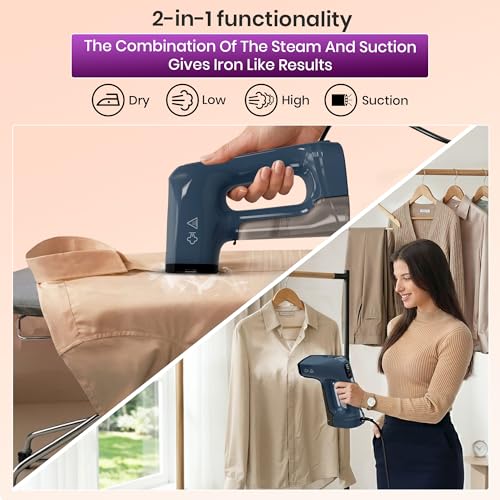 Vacuum Steamer for Clothes,1200W 2-in-1 Steamer & Iron, 3500Pa Suction Handheld Clothes Steamer, Garment Steamer & Wrinkle Remover for Shirts, Bedding, 30-Sec Heat-Up,4 Modes,Travel & Home (110-120V)