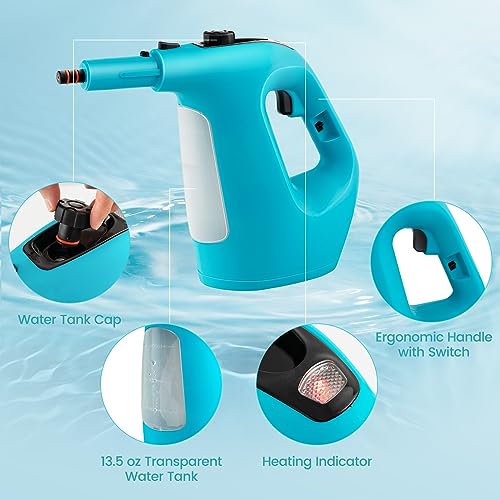 Goplus Handheld Steam Cleaner, 1400W Pressurized Steam Cleaner w/Continuous Steam w/Unlimited Use Time, 13.5 OZ Water Tank, Child Lock & 14-Piece Accessory Kit, Portable Chemical-Free Steamer Mop - color: Blue