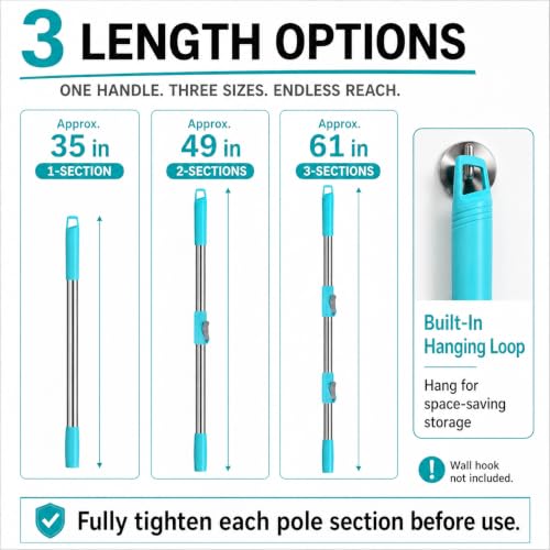 RinseWise Spin Mop Replacement Handle Only, 3-Section Stainless Steel Pole with 35/49/61 in Length Options, Fits All Tsmine FunClean Models, Not Universal, No Mop Head, Base or Bucket- Blue - color: Blue