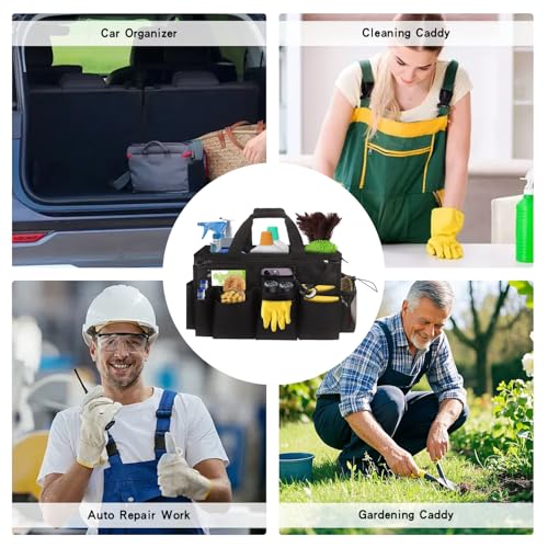 Grekos Wearable Cleaning Caddy Bag, Cleaning Caddy Suppliers Organizer with 4 Foldable Dividers, Handle & Shoulder Straps Cleaning Tool Organizers for Cleaners & Housekeeper (Black) - color: black