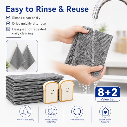 Non Scratch Wire Dishcloths 8 Pack with 2 Kitchen Sponges, Reusable Double Layer Wire Cleaning Cloths for Pots, Pans, Dishes, Sinks and Stove Tops - color: 8+2 Set