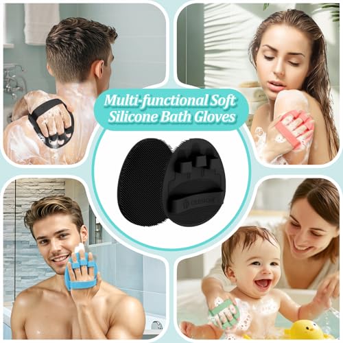 Silicone Back Scrubber & Bath Glove Set 2PCS, 13.4'' Gentle Shower Back Scrubber with Dual-Side Head Non-Slip Handle, 360° Anti-Slip Hand-fit Bath Glove for Rich Foaming Deep Cleaning(Black) - color: Black*2