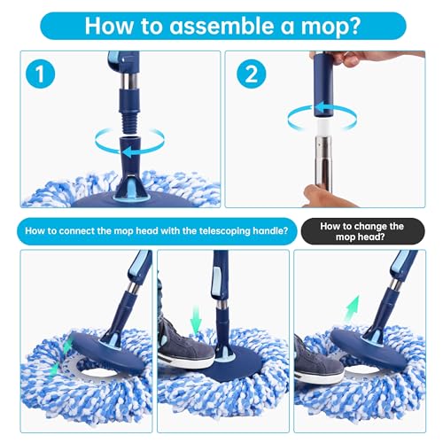 Spin Mop and Bucket with Wringer Set, 360° Rotating Microfiber Mop, Adjustable Handle, Hands-Free Wringing, Reusable Mop Heads (Light Blue mop and Bucket + 5 mop Head) - color: Light Blue Mop and Bucket + 5 Mop Head