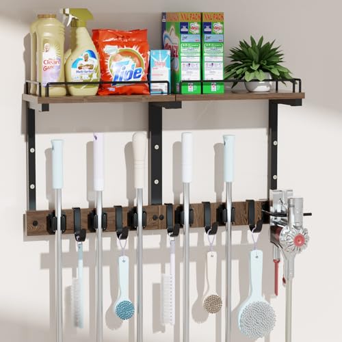Mop Holder Wall Mount with Cleaning Supplies Organizer, Wood Mop and Broom Hanger Rack Organizer with Anti-Fall Wall Shelf with 5 Clips & Hooks for Garage Laundry Room Kitchen (Dark) - color: Dark