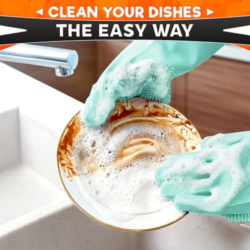 ALPENKOK Silicone Dishwashing Gloves with Scrubber – Non-Slip Silicone Gloves for Washing Dishes | Household Use - color: Turquoise