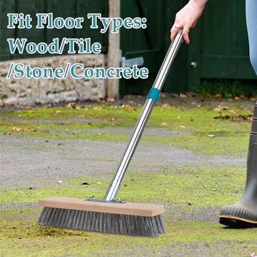 Stainless Steel Deck Scrub Brush with Long Handle, Outdoor Broom for Concrete, Deck, Cement Floor Cleaning, 53" Long Handled Heavy Duty Floor Scrubber