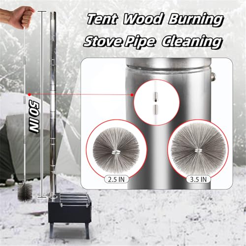 50-inch Long Tent Wood Burning Stove Pipe Cleaning Brush with Stainless Steel Bristles, and Chimney Cleaning Wire Brush with 4 Flexible Rods, 2.5'' Brush Heads - size: 2.5IN