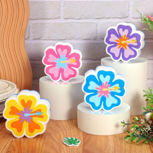 AnyDesign 4Pcs Hibiscus Flower Kitchen Sponges Water Absorbing Dish Washing Sponge Tropical Hawaiian Floral Dual Sided Non Scratch Scrubber for Summer Aloha Festival Household Supplies
