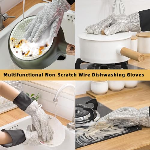 Wire Dishwashing Gloves,Multipurpose Non-Scratch Scrubbing Waterproof Anti-Hot & Oil-Resistance Kitchen Cleaning Gloves