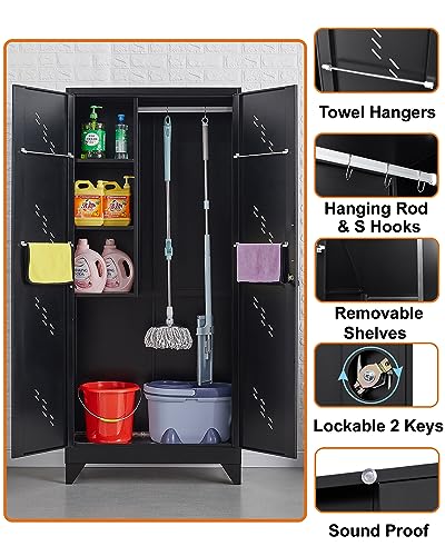 75" Metal Storage Cabinet with Lockable Doors, Functional Garage Storage Cabinets, Heavy-Duty Tool Organization Cabinet with Hanging Rod & S-Hooks (75" Utility Closet) - size: 75" Garage Cabinets